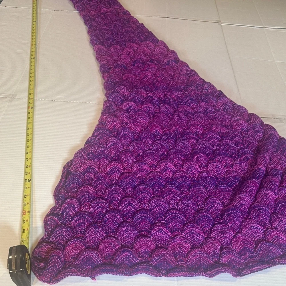 Purple pink and bluish knitted Mermaid Tail Blanket costume with fringe at ends